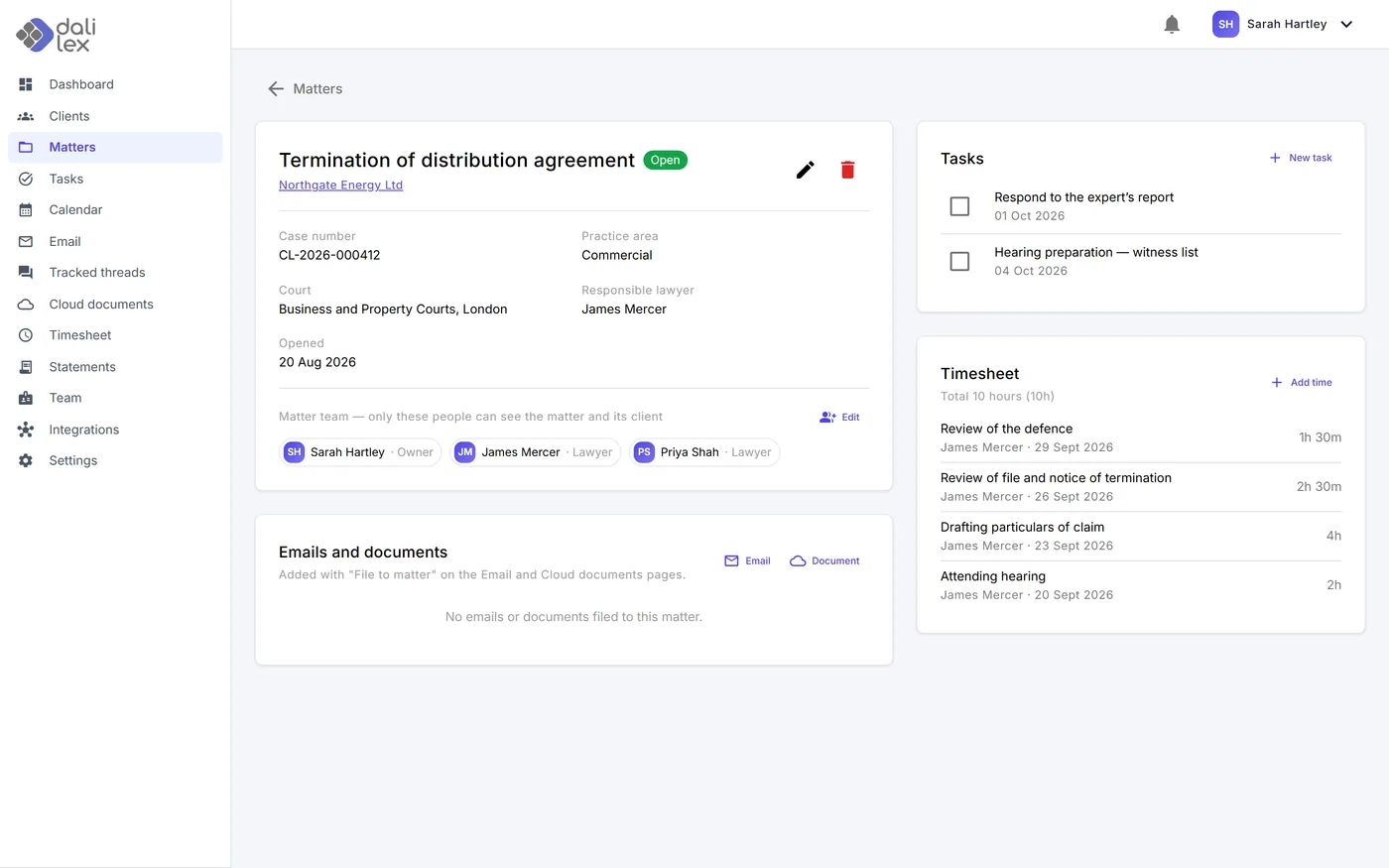 Matter screen: parties, team, tasks and time entries
