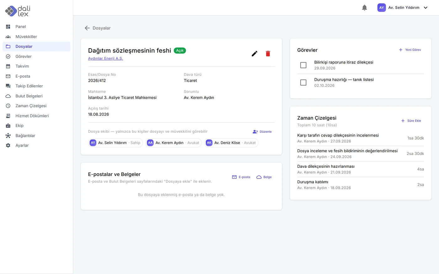 Dosya detay ekranı: taraflar, ekip, görevler ve zaman kayıtları