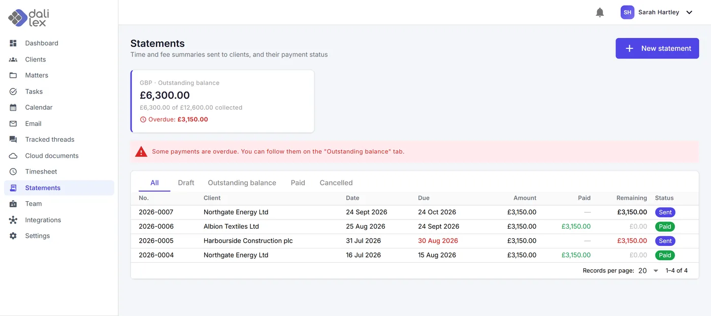 Statements screen: outstanding balance, overdue amount and list of statements