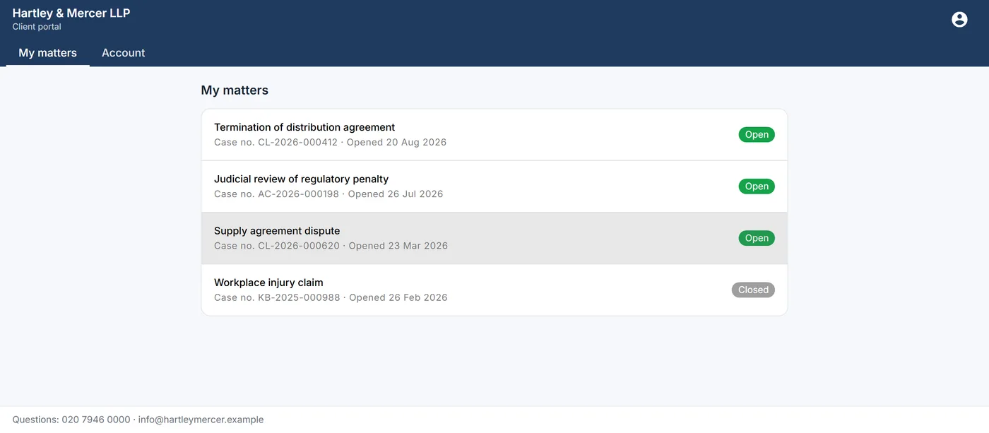 Client portal: the client's own matters and their status