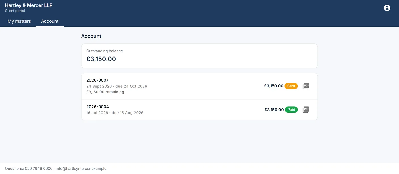 Client portal account page: outstanding balance and statements