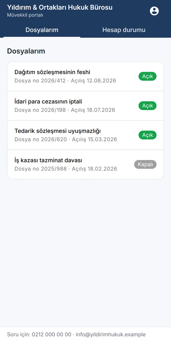 Müvekkil portalının telefon görünümü